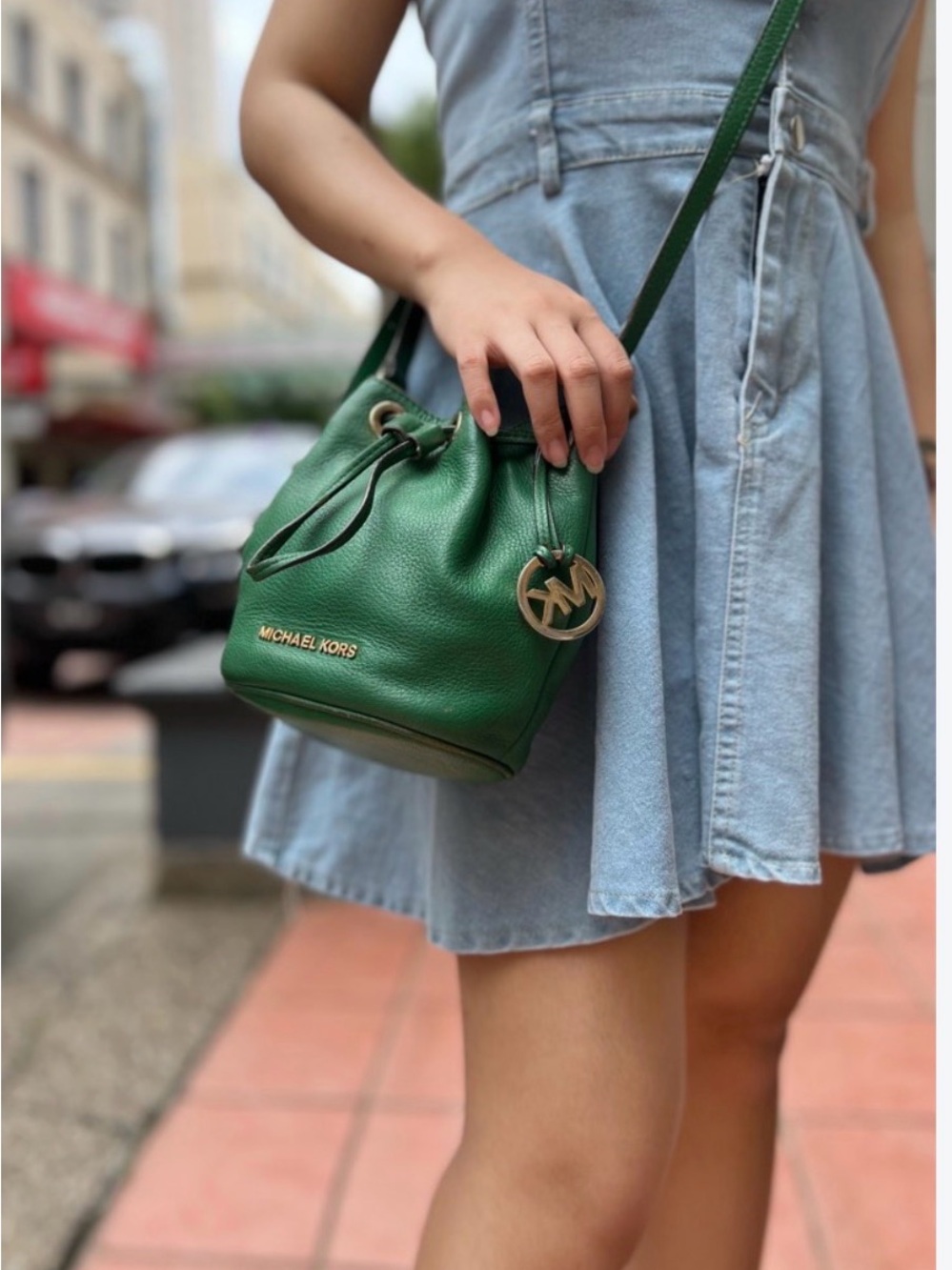 Michael Kors Emerald Green Pebbled Leather Drawstring Crossbody